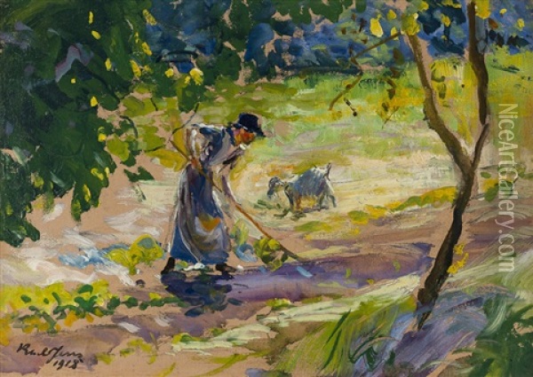 The Tiller, Woman With Goat Working In A Field Oil Painting - Karl Yens