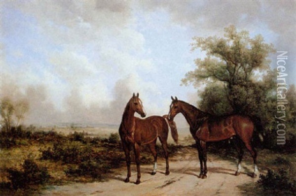 Two Horses Along The Path Oil Painting - Jan Mortel