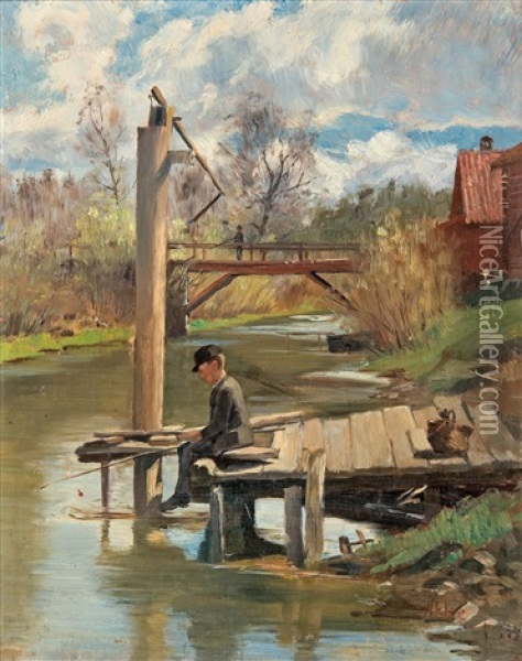 A Boy Fishing Oil Painting - Johann Axel Gustaf Acke
