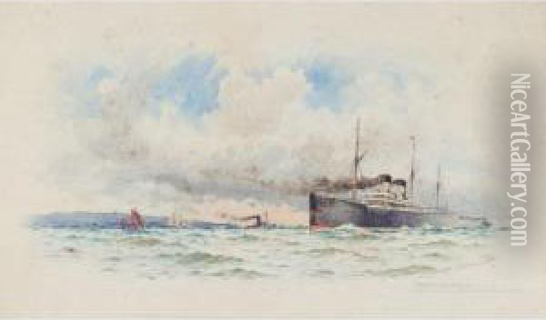Homeward Bound, White Star Line 
Entering The Mersey; Outward Bound, Fishing Boats Off Folkestone Oil Painting - William Stephen Tomkin