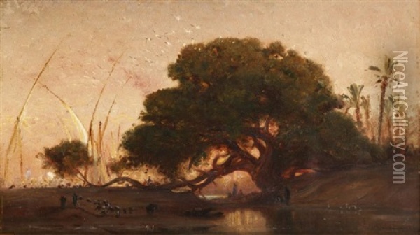 Les Grands Sycomores, Felouque, Bord Du Nil Au Crepuscule Oil Painting - Edouard Auguste Imer
