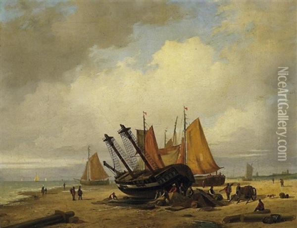 Aufliegende Segelboote An Hollandischer Kuste. Vorn Zahlreiche Fischer, Ihrem Tagewerk Nachgehend Oil Painting - Everhardus Koster