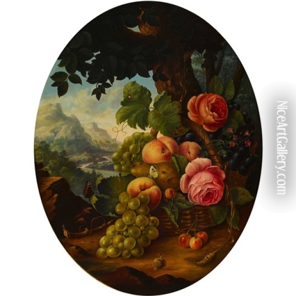 Stillleben Mit Fruchten Und Blumen Vor Weiter Landschaft Oil Painting - Jakob Wibmer