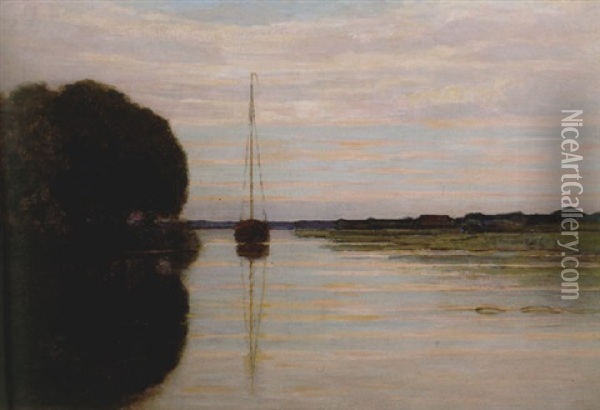 Sailboat Moored In A River Oil Painting - Piet Mondrian