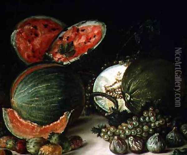 Still Life with Water Melons Oil Painting - Jose Lopez-Enguidanos