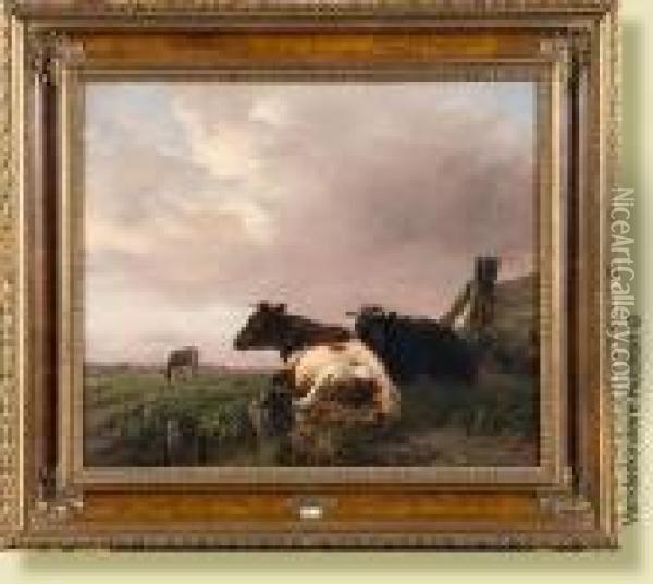 Vaches Couchees Au Pre Oil Painting - Louis Marie Dominique Romain Robbe