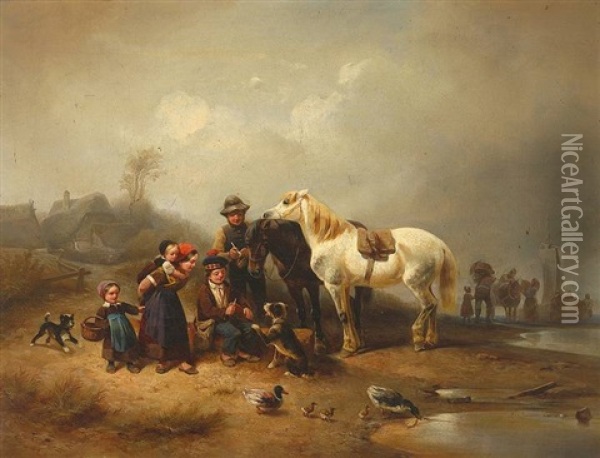 Uferstuck Mit Zahlreichen Personen Und Pferden Oil Painting - Wilhelm Alexander Meyerheim