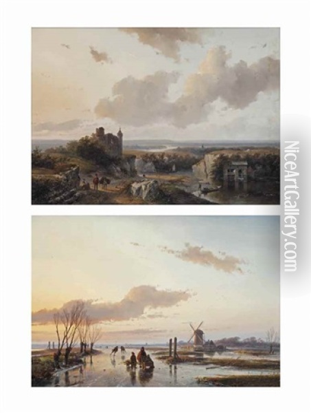 A Summer Panorama With The Ruin Of A Castle; And A Frozen Waterway Oil Painting - Andreas Schelfhout