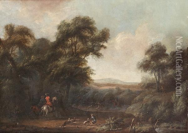 A Wooded Landscape With A Stag Hunt Oil Painting - Willem Schellinks