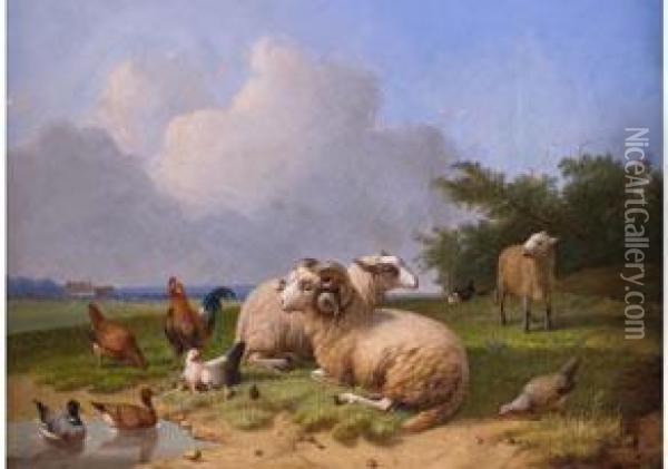 Schafe Und Geflugel In Weiter Landschaft Oil Painting - Cornelius Lemputten Van