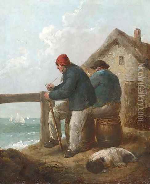 Figures on the bank of a river with cattle watering beyond Oil Painting - English School