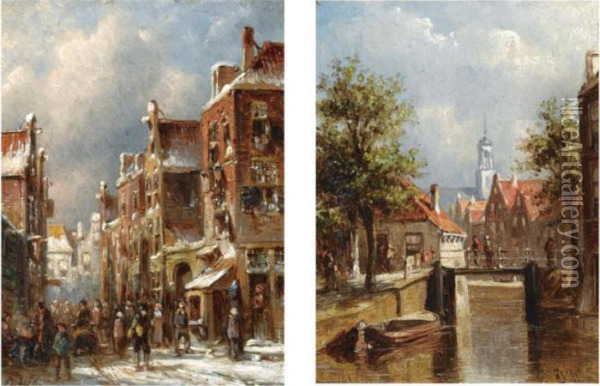 Figures In The Snow Covered Streets Of Amsterdam; A Sunny View Ofoudewater (a Pair) Oil Painting - Pieter Gerard Vertin