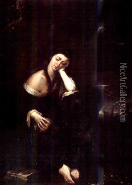 Saint Mary Magdalen Meditating In A Stormy Landscape Oil Painting - Luciano Borzone