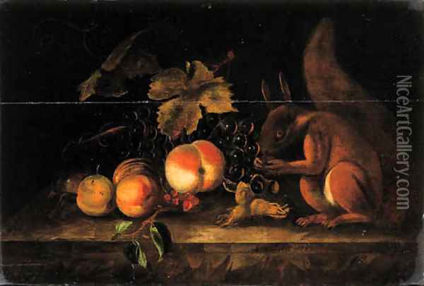 Grapes, peaches, red currants and hazelnuts with a squirrel on a ledge Oil Painting - Jakab Bogdany