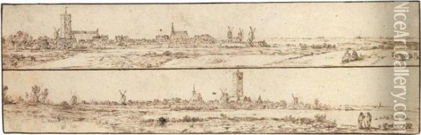 Two Panoramic Views Of A Small Town, One Above The Other On A Single Sheet. Oil Painting - Jan van Goyen
