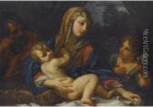 The Holy Family With An Angel Holding Roses Oil Painting - Carlo Maratta or Maratti