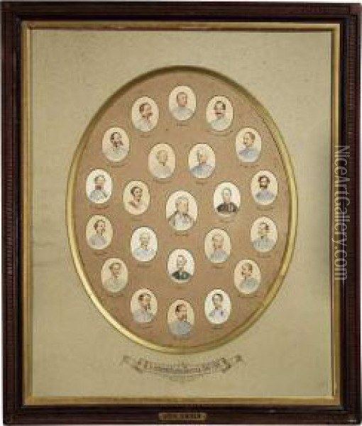 K.k. Austrian Generals Of The 
Years 1848-1849. 22 Portrait Miniatures In Pencil And Watercolour, 
Mounted Into An Oval Cardboard Frame And There Inscribed Oil Painting - Johann Nepomuk Ender