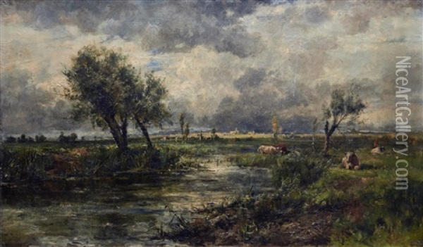 River Landscape With Cattle Oil Painting - Johannes Hubertus Leonardus de Haas