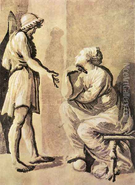 Hero and Sibyl after 1518 Oil Painting - Ugo Da Carpi