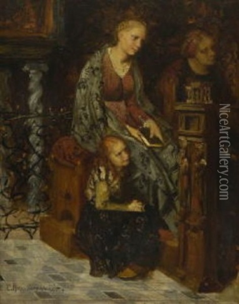 Zwei Frauen Und Ein Madchen In Der Kirchenbank Oil Painting - Ernst Christian Pfannschmidt
