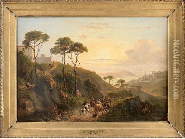 Vue De La Cote Amalfitaine Animee De Bergers Et Cavaliers Oil Painting - Horace Vernet