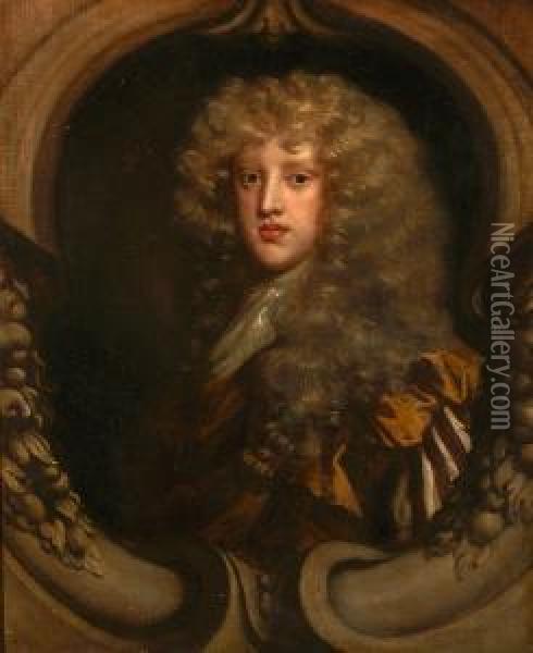 A Portrait Of Sir Ralph Assheton Within A Painted Sculpted Oval Oil Painting - Mary Beale