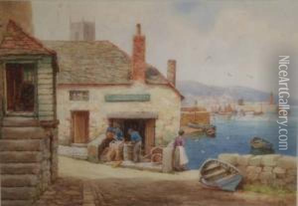 Newlyn Harbour Signed 10 X 14in Oil Painting - Frederick Parr