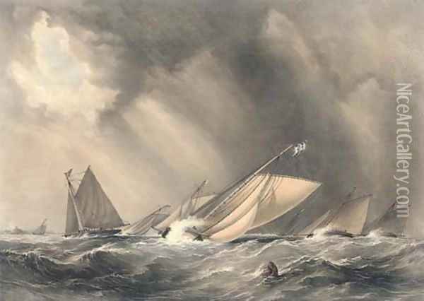 Match at Cowes for a cup given by the members of the Royal Yacht Squadron, Augt. 14th, 1844, by G. Hawkins Oil Painting - Nicholas Matthews (1816-51) Condy