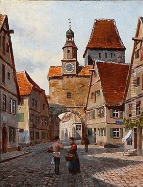 Street Scape From Nuremberg Oil Painting - August Fischer