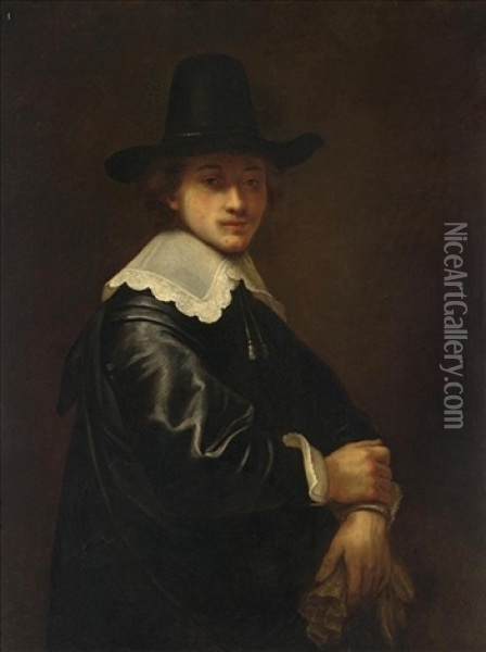 A Portrait Of A Young Gentleman, Standing Half-length, Wearing A Black Costume And Hat With A White Lace Collar, Holding Gloves Oil Painting - Ferdinand Bol