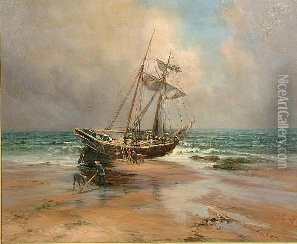 A Boat And Figures Upon A Shore Oil Painting - John Falconar Slater