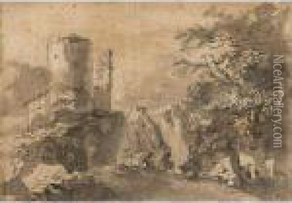 Italianate Landscape With A Ruined Tower Near Rocks Oil Painting - Adam Pynacker