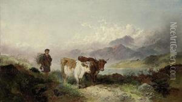 A Drover And Cattle Beside A Highland Loch Oil Painting - Joseph Horlor