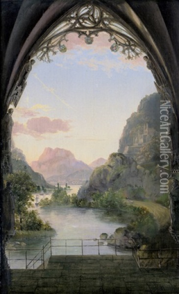 Ausblick Aus Einem Gotischen Portal Auf Eine Abendliche Landschaft Oil Painting - Karl Friedrich Hampe