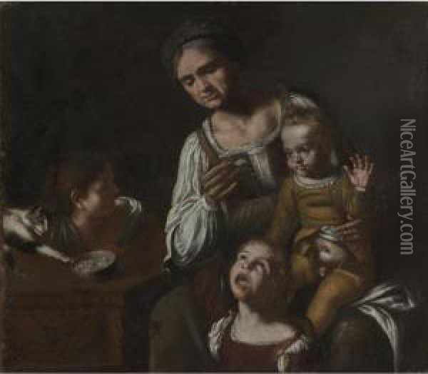 Interior Scene With A Woman And Three Children Oil Painting - Tommaso Salini (Mao)