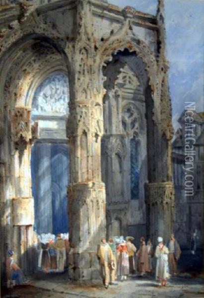 Figures At A Cathedral Entrance Oil Painting - Samuel Prout