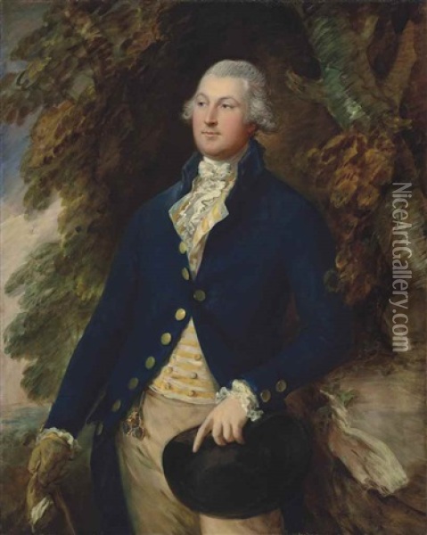 Portrait Of Sir Richard Brooke, 5th Bt. (1753-1795), Half-length, In A Striped Waistcoat And Blue Frock Coat, Holding A Hat, By A Tree In A Landscape Oil Painting - Thomas Gainsborough