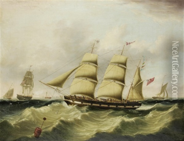 The Inward Bound Liverpool Barque John Tomkinson Portrayed In Two Views Boarding Her Pilot In The River Mersey's Formby Channel Oil Painting - Joseph Heard