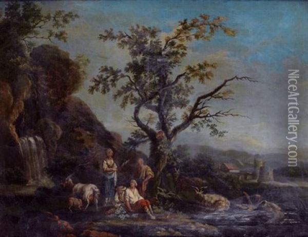 Patre Et Sa Famille Au Milieu De Ses Chevres Pres D'une Cascade Oil Painting - Jean Baptiste Charles Claudot
