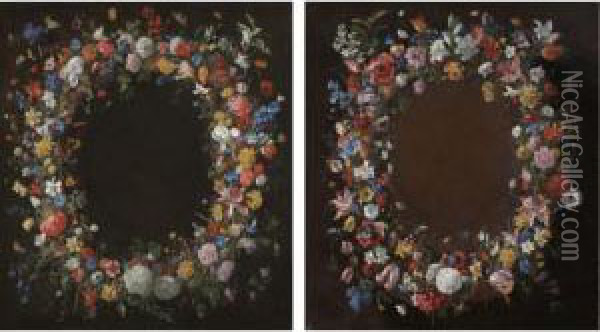 A Pair Of Still Lifes With 
Garlands Of Flowers Including Tulips, Peonies, Irises, Daffodils, 
Narcissi, Hyacinths, Morning Glory, Anemones, Roses, Poppies And Orange 
Blossom Oil Painting - Giovanni Stanchi