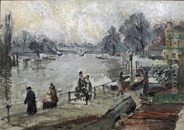 The Thames At Richmond - River Scene With Figures And Boats To Foreground And Road Bridge To Background Oil Painting - Louise Pickard