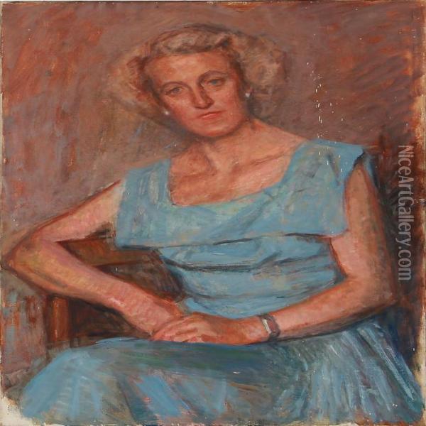 Portrait Of A Woman In A Blue Dress Oil Painting - Hugo Valdemar Larsen