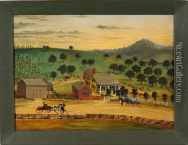 Farm Scene. Oil Painting - Joseph H. Hidley