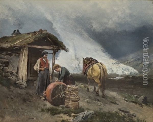 Summer Mountain Farming In Briksdalen Oil Painting - Axel Ender
