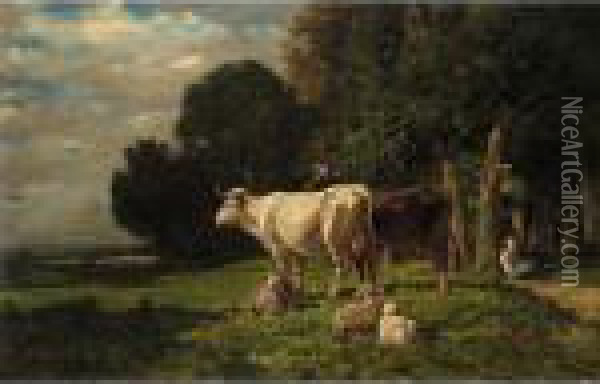 Paysage Avec Vaches Et Moutons Oil Painting - Charles Emile Jacque
