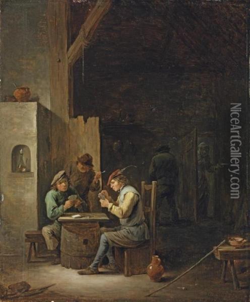 The Interior Of A Tavern With Young Men Playing Cards Oil Painting - David The Younger Teniers