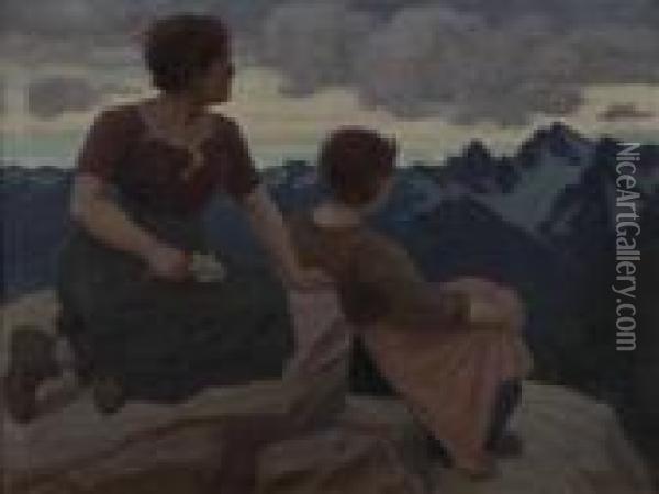 Mutter Mit Tochter Auf Gipfel Blicken Auf Die Tiroler Bergwelt Oil Painting - Thomas Walch