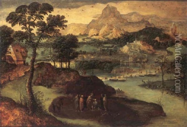 An Extensive Landscape With Christ Healing The Blind Man Oil Painting - Lucas Gassel