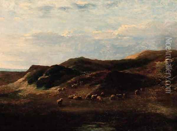 Sheep in a dune landscape Oil Painting - Eugene Verboeckhoven