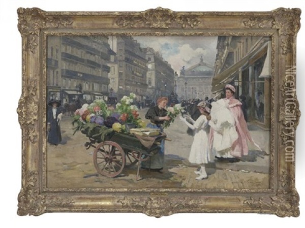 La Marchande De Fleurs, Avenue De L'opera Oil Painting - Louis Marie de Schryver